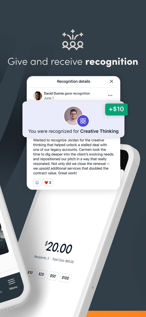 Paylocity - Paylocity app interface for giving and receiving employee recognition with monetary rewards