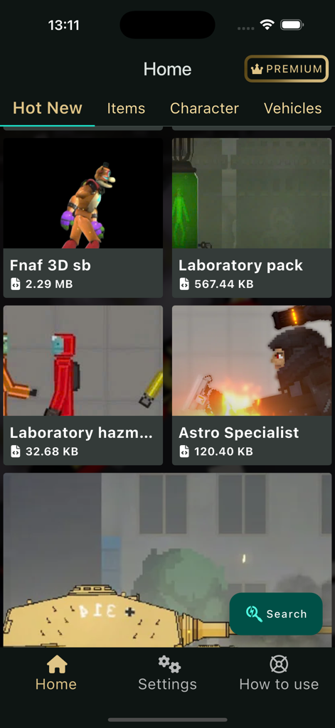 HD Melmods Sandbox Mod - Home screen of the HD Melmods Sandbox Mod app featuring a selection of popular game mods like Fnaf and Laboratory packs