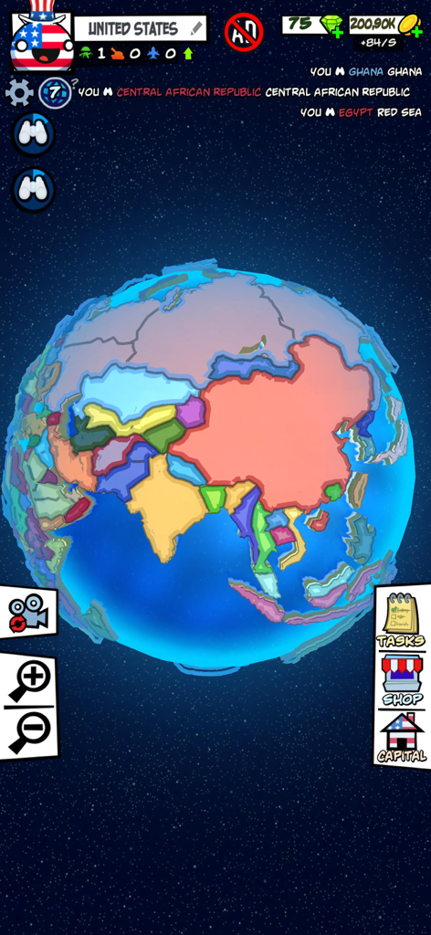 Screenshot of Country Balls Battle World game showing a 3D globe with colored territories and a United States themed country ball avatar.