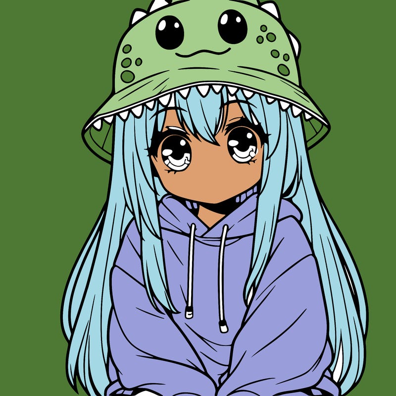 girl with anime shaped eyes with a dinosaur bucket hat oversized sweatshirt long straight hair