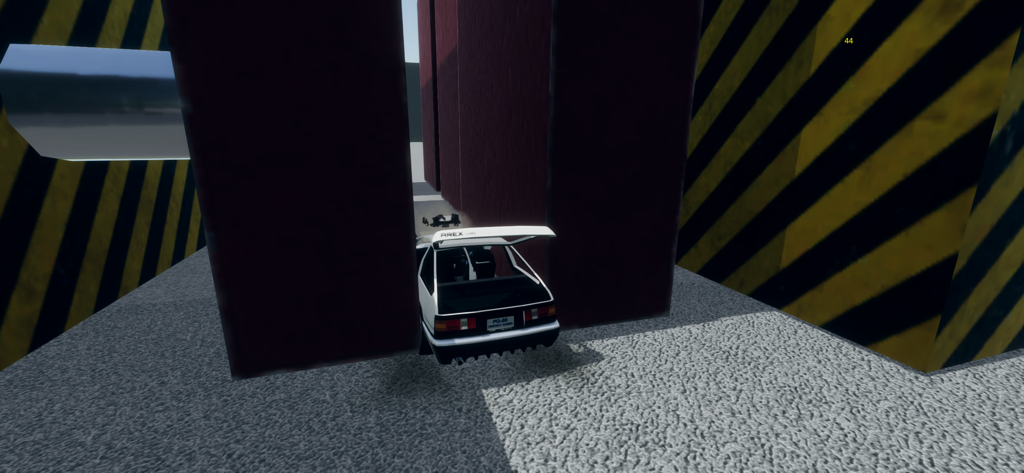 Car Crash Simulator Sandbox 3D - A white car being crushed between two large red blocks in a 3D crash simulator sandbox