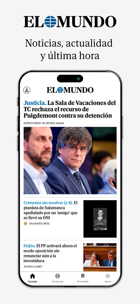 El Mundo - Diario online - El Mundo mobile app interface displaying latest Spanish news headlines
