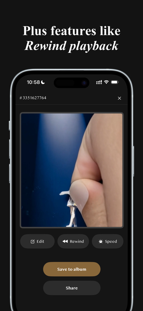 AI Pika Art-AI Video Generator - Interface of AI Pika Art app displaying video editing tools and the rewind playback feature on an iPhone