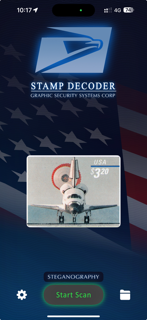Digital Stamp Decoder - Pantalla de inicio de la aplicación Decodificador Digital de Sellos que muestra un sello del transbordador espacial.