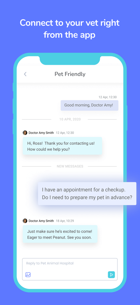 Digitail - Smarter Pet Care - Digitailアプリのモバイルインターフェースには、ペットの飼い主と獣医の間の双方向チャットが表示されています