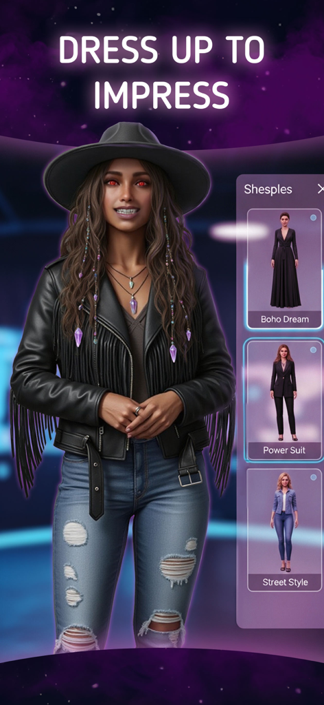 Midnight Stories: Choices Game - A female character customization screen in Midnight Stories showing various outfits like Boho Dream Power Suit and Street Style