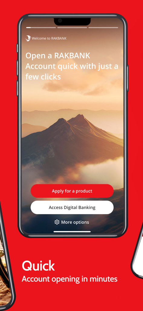 RAKBANK App - 迅速なデジタル口座開設とモバイルバンキングアクセス用のRAKBANKアプリのホーム画面。