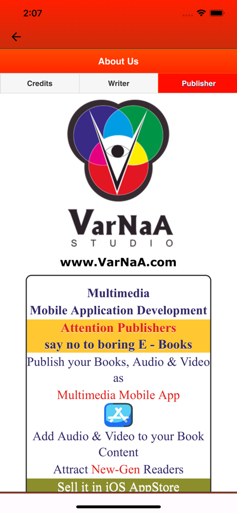 Ponniyin Selvan 5 Audio Ofline - Publisher screen for VarNaA Studio showing multimedia mobile app development services for books
