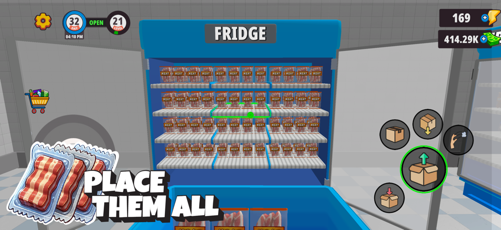 Pizza Store Simulator - ピザ屋シミュレーターで、プレイヤーが大きな青い冷蔵庫に肉のパックを詰めている様子。