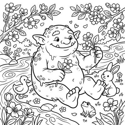 Discover a charming river troll enjoying the beauty of spring amidst blooming flowers and playful baby animals. This delightful coloring page offers a fun and imaginative activity for kids.
