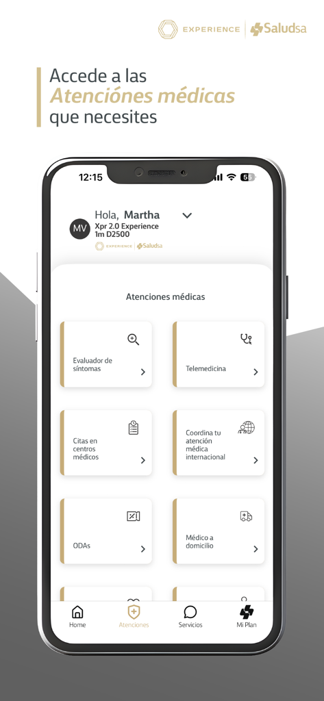Saludsa mobile app dashboard showing medical service options like telemedicine and appointment scheduling
