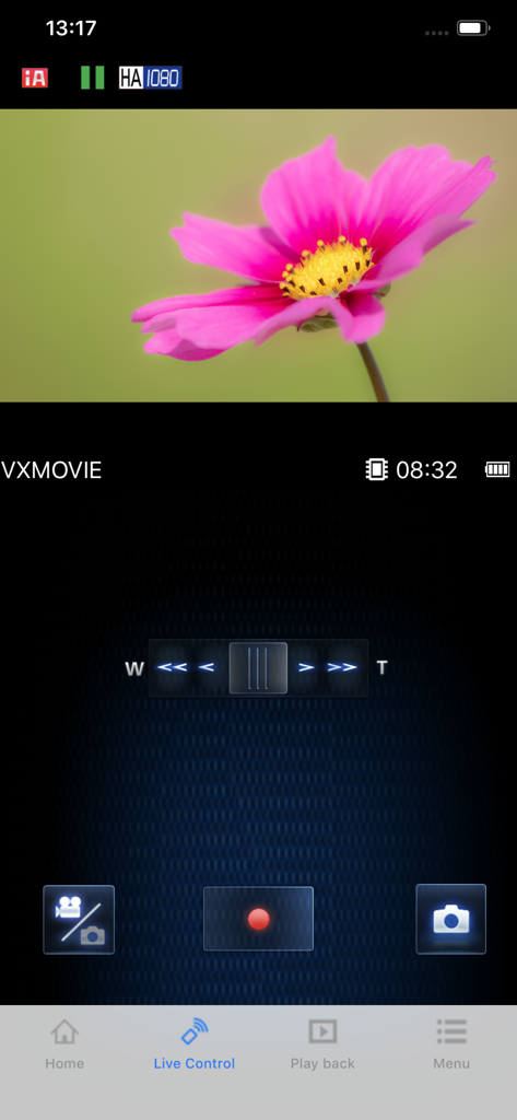 Écran de smartphone affichant l'interface de contrôle en direct de l'application Panasonic Image App avec un flux vidéo en direct d'une fleur rose et des commandes d'enregistrement à distance.