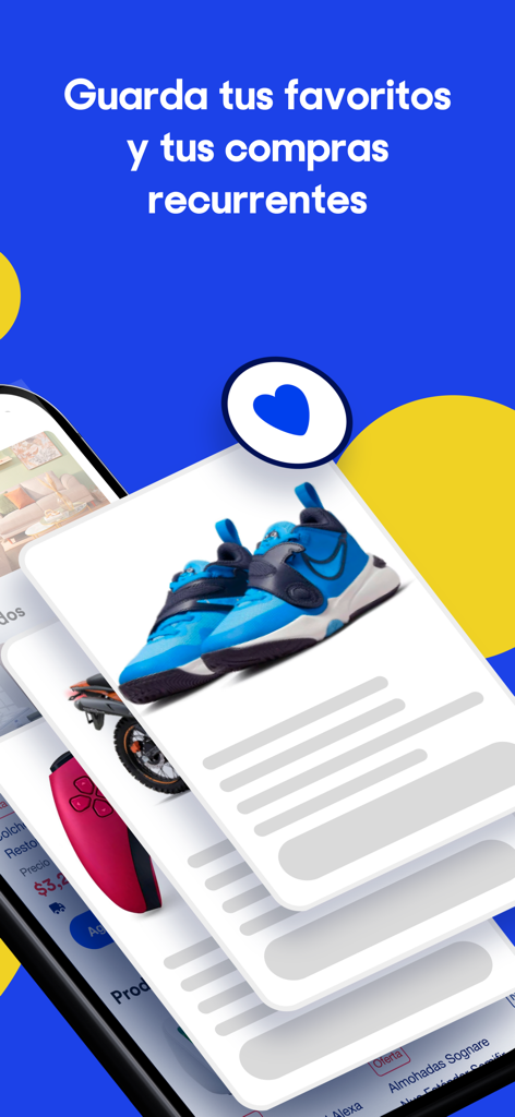 Coppel: compras en línea - Pantalla de la aplicación móvil Coppel que muestra la función para guardar productos favoritos y compras recurrentes con iconos de zapatillas y una motocicleta.