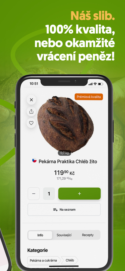 Rohlik.cz mobile app showing a premium rye bread product page with a 100 percent quality guarantee message