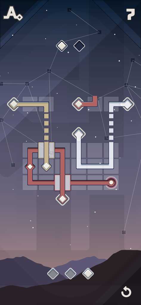 Jugabilidad de puzzle minimalista de RUNA con caminos de luz y fondo estrellado celestial.