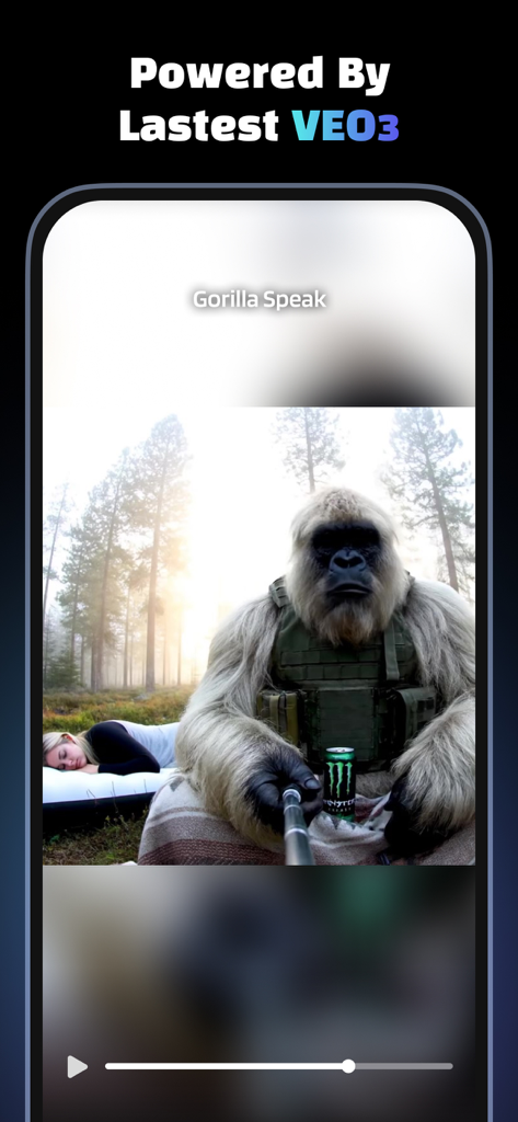 Creati app showing an AI-generated video of a white gorilla in a forest