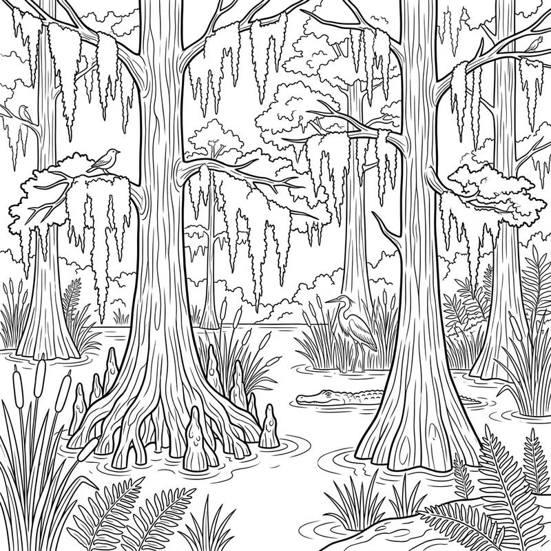 Immerse yourself in the captivating world of a cypress swamp with this intricately designed coloring page. Bring to life the majestic trees, draped Spanish moss, and hidden wildlife of this unique wetland ecosystem.