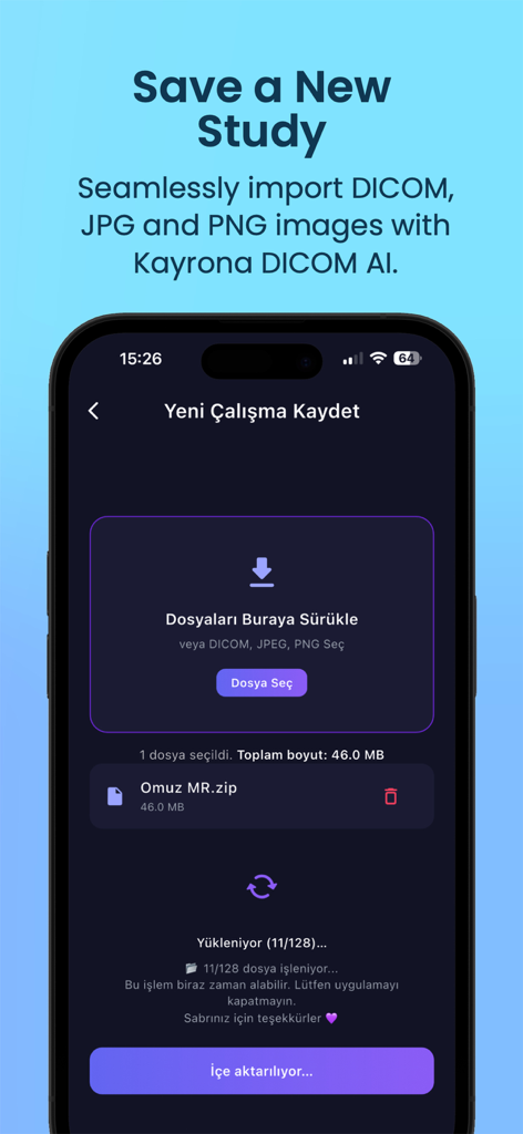 Kayrona DICOM AI Viewer - A mobile screen showing the interface for importing DICOM medical images into the Kayrona AI viewer app