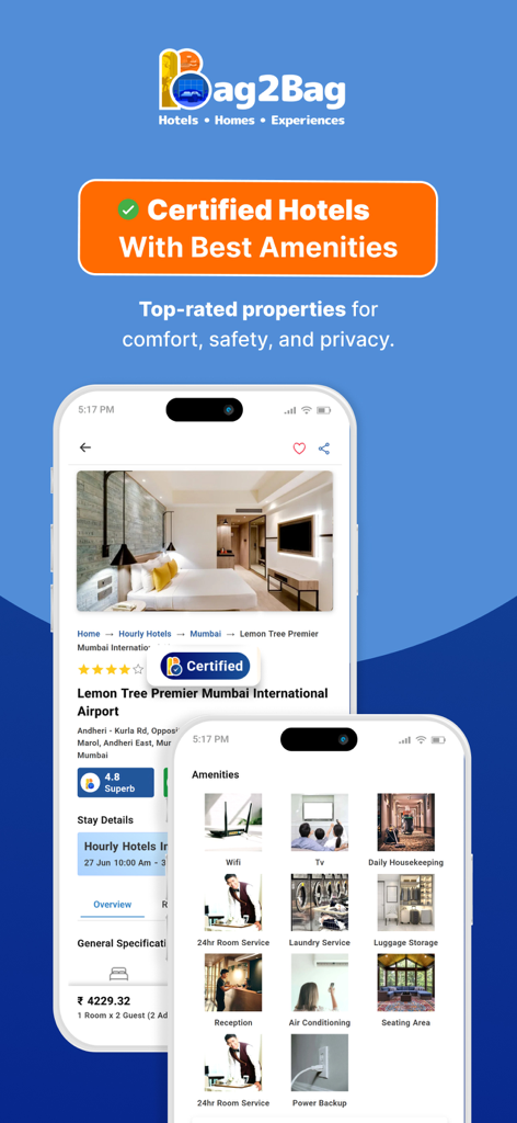Bag2Bag 앱 인터페이스, 인도 숙박을 위한 인증된 호텔 목록 및 이용 가능한 편의 시설 목록 표시