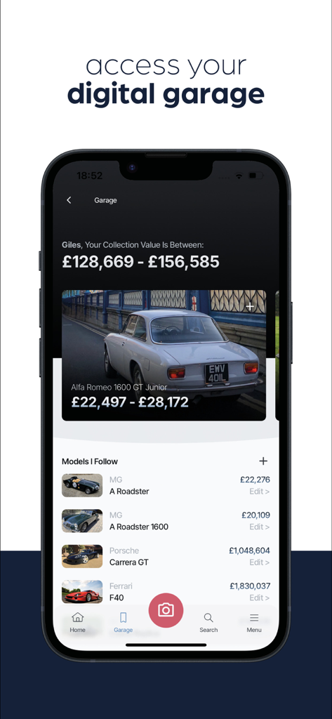 drivve | Collector Car Values - drivve 앱의 디지털 차고 인터페이스로 총 차량 컬렉션 가치 및 클래식카 가격 추적 표시