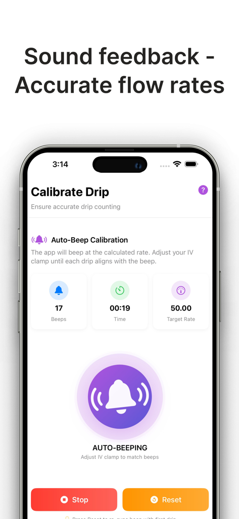 Drip Rate Infusion Calculator - IV drip rate calibration screen with auto-beep sound feedback on DripRate Pro mobile app