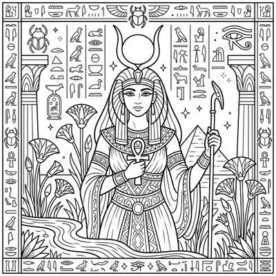 Step back in time and bring this magnificent Ancient Egyptian goddess to life with your colors. Surrounded by sacred symbols and iconic imagery, this detailed design offers a captivating creative journey.