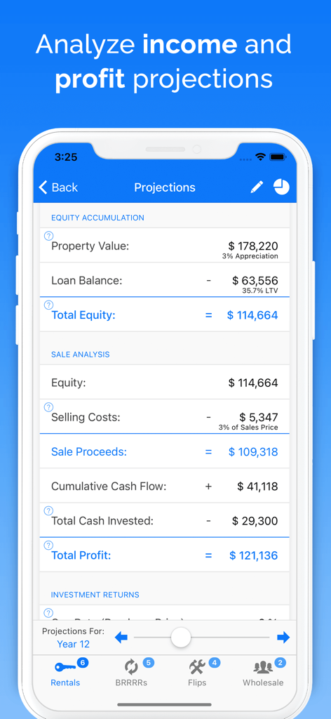 Écran d'application mobile montrant les revenus d'investissement immobilier et les projections de bénéfices