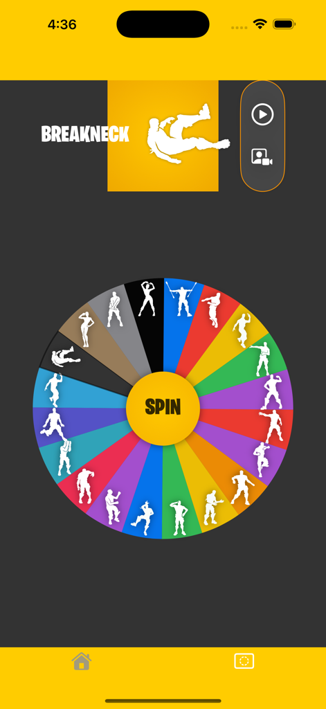 Epic Emote: Dance for Fortnite - Un'interfaccia a ruota girevole colorata in un'app mobile con silhouette di diverse emote di ballo di Fortnite.