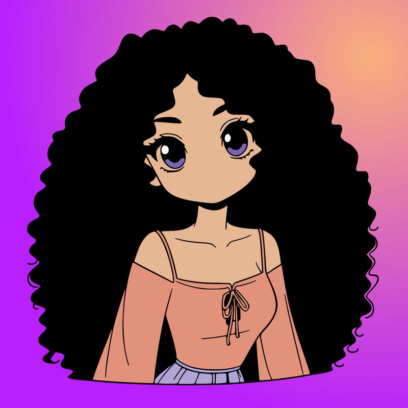 a black anime girl with long afro hair