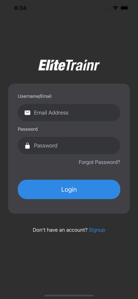 Elite Trainr - Elite Trainr mobile app login interface with email and password fields