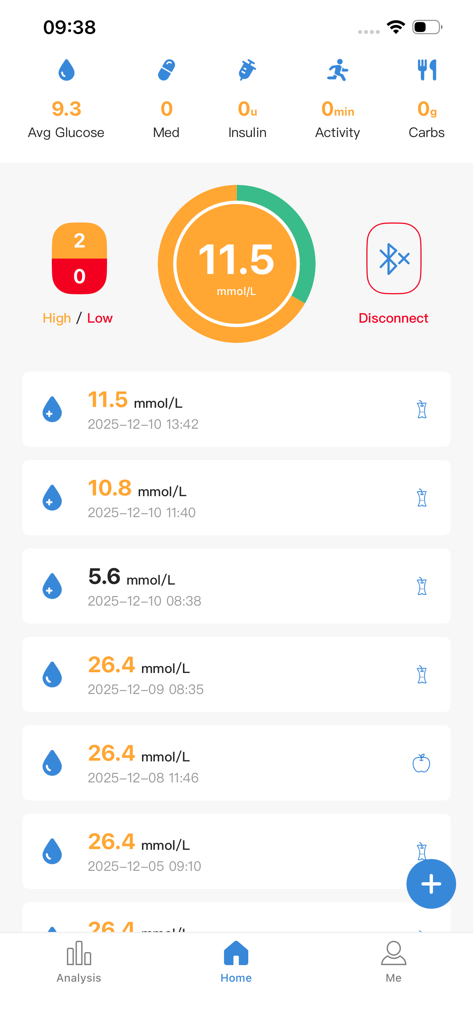 GlucoJoy - GlucoJoy mobile app home screen showing current blood glucose levels and tracking history