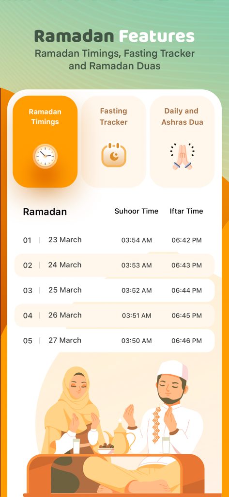 Ramadan features screen showing Suhoor and Iftar timings in the Muslim and Quran app