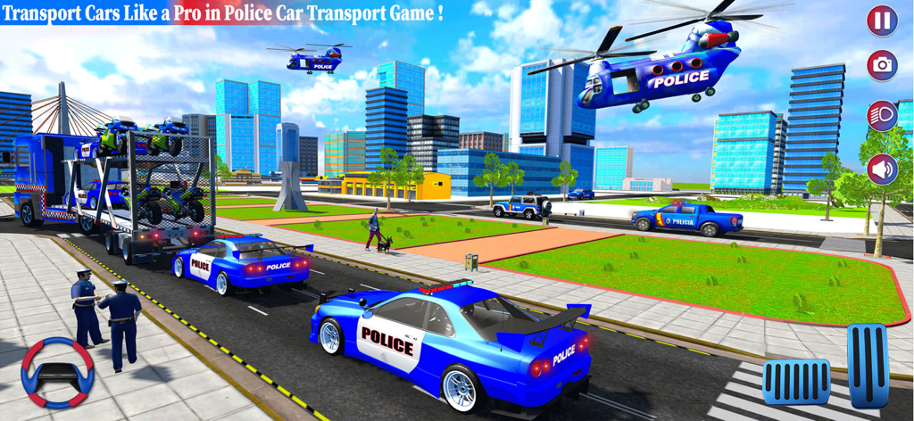Police Car Transporter Game 3D - A 3D city scene from a police car transport simulator game featuring a truck, cars, and a helicopter