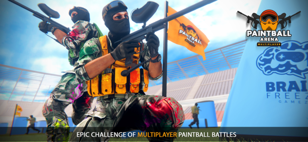 Paintball Battle Arena 3D - Two players in tactical gear holding paintball guns in a 3D stadium arena