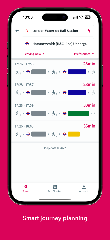 London Bus Checker - London Bus Checker app interface displaying multiple route options and travel times for smart journey planning