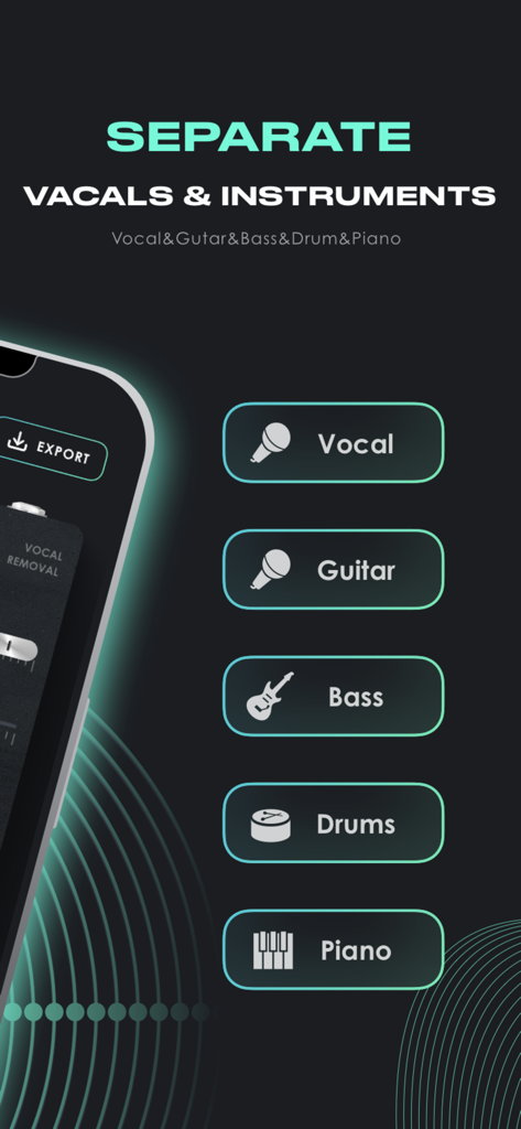 Music Remover: Audio Separator - Interface of Music Remover app showing AI buttons to separate vocal guitar bass drums and piano stems from a song