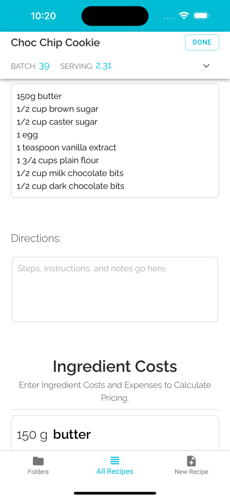 CakeCost mobile app screen displaying a chocolate chip cookie recipe and ingredient costs.