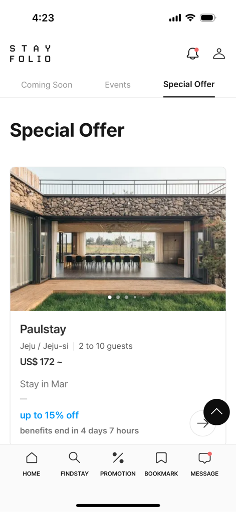 STAYFOLIO - STAYFOLIO mobile app showing a special offer for a boutique stay in Jeju