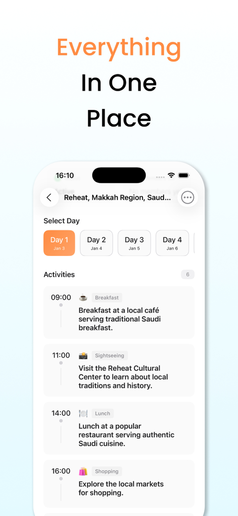 Trip Together: AI Travel Guide - Oberfläche einer mobilen App, die einen detaillierten Tagesreiseplan mit geplanten Aktivitäten für eine Reise nach Saudi-Arabien zeigt.