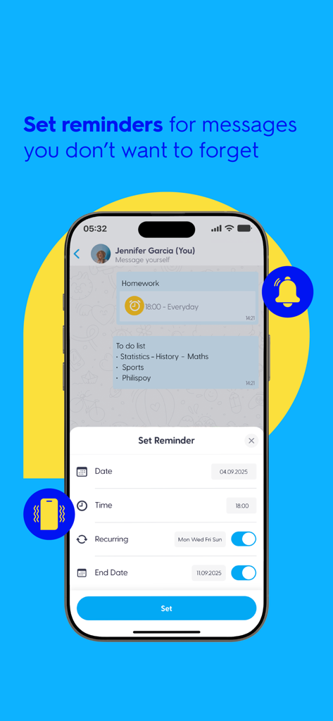 A smartphone displaying the BiP app feature for setting message reminders with date and time options.
