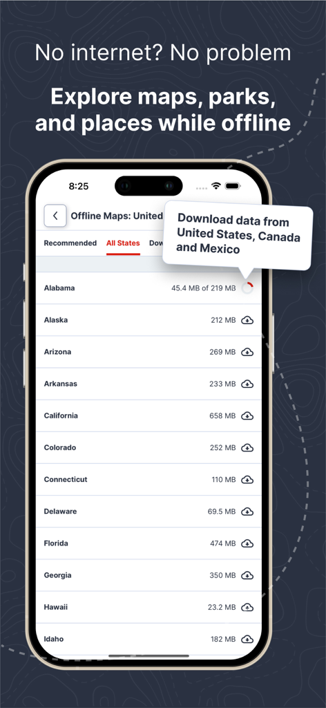 RV LIFE app interface showing a list of US states with options to download maps for offline navigation