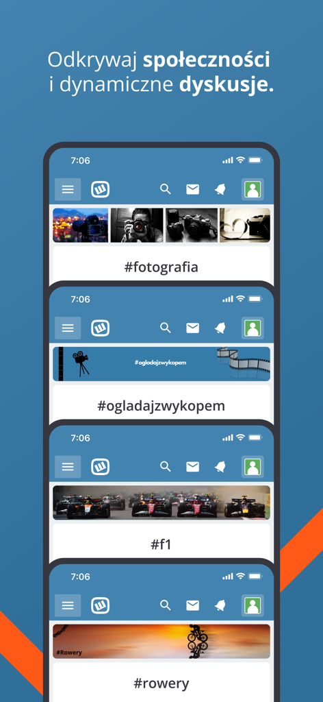 Wykop - Interfaccia dell'app Wykop che mostra diverse schede di feed della community con hashtag per fotografia, cinema, F1 e ciclismo