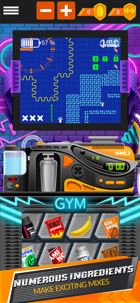 Pantalla del juego simulador After Gym que muestra varios ingredientes de fitness como proteína en polvo y fruta para mezclar pociones