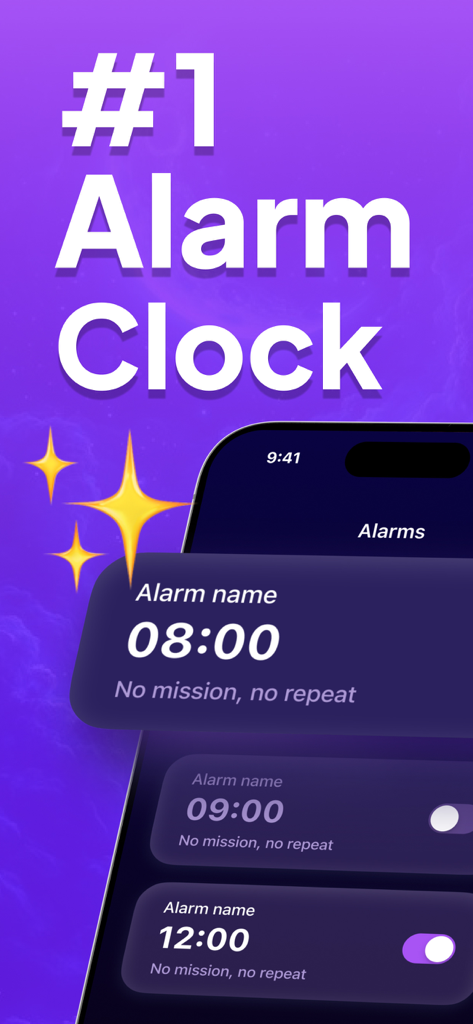 Alarm Clock: Wake up | - Interfaz de la aplicación Reloj Despertador en iPhone con alarmas programadas y fondo morado.