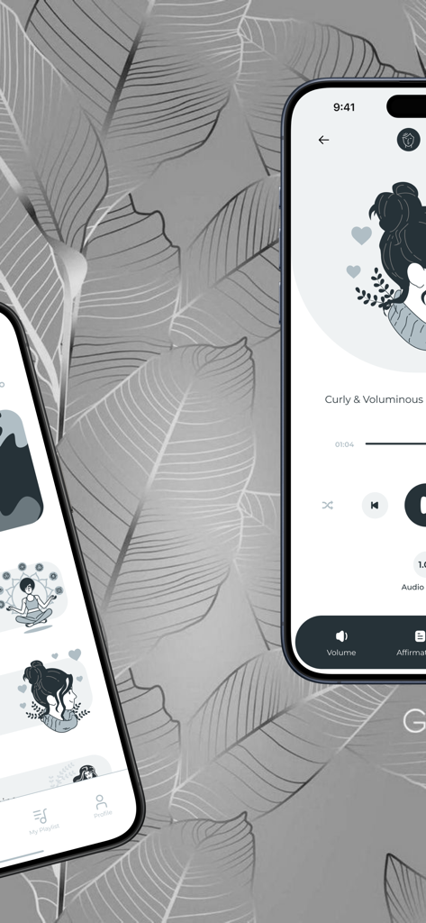 Interface of the Sound and Soulful app showing a subliminal audio player and manifestation tracks