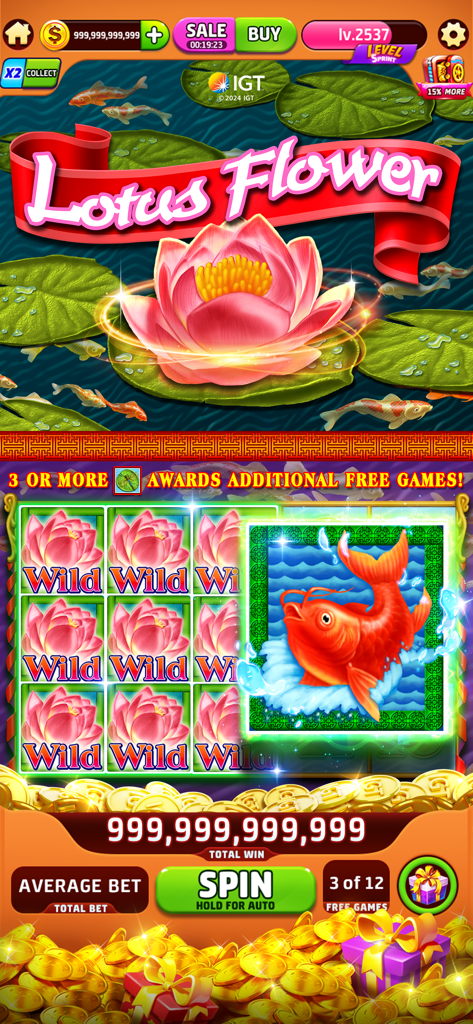 Máquina tragaperras IGT con temática de flor de loto en Jackpot Crush que muestra una ganancia de bote masiva con monedas de oro.