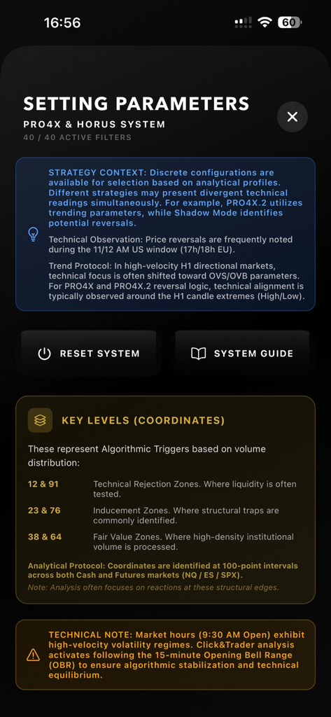 Click&Trader - Pantalla de la aplicación Click and Trader para establecer parámetros y ver coordenadas algorítmicas del mercado