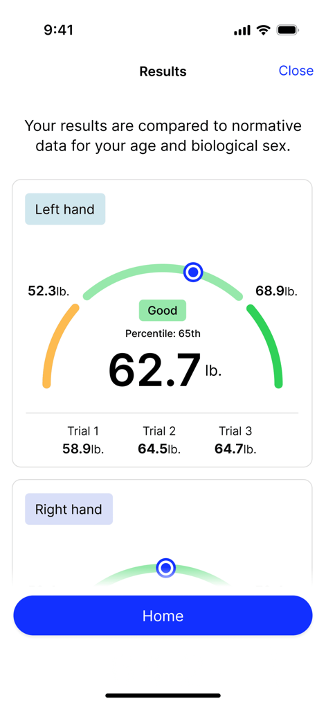Able Assess - Screenshot of the Able Assess app showing grip strength measurement results and population norm comparison.