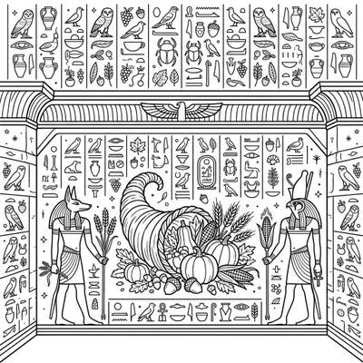 Embark on a unique artistic journey combining the majesty of ancient Egypt with the heartwarming spirit of Thanksgiving. This intricate coloring page invites you to blend history and gratitude in a truly original way.