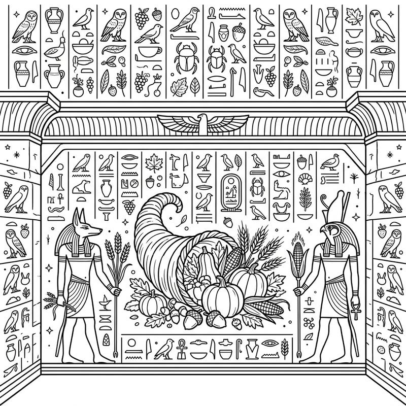 Embark on a unique artistic journey combining the majesty of ancient Egypt with the heartwarming spirit of Thanksgiving. This intricate coloring page invites you to blend history and gratitude in a truly original way.